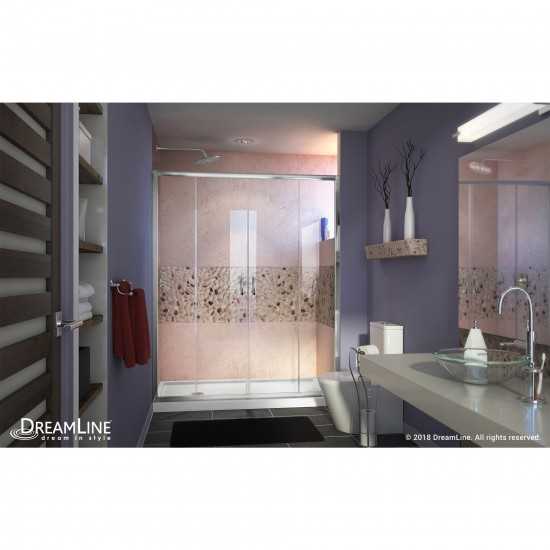 Visions 32 in. D x 60 in. W x 74 3/4 in. H Sliding Shower Door in Chrome with Left Drain White Shower Base