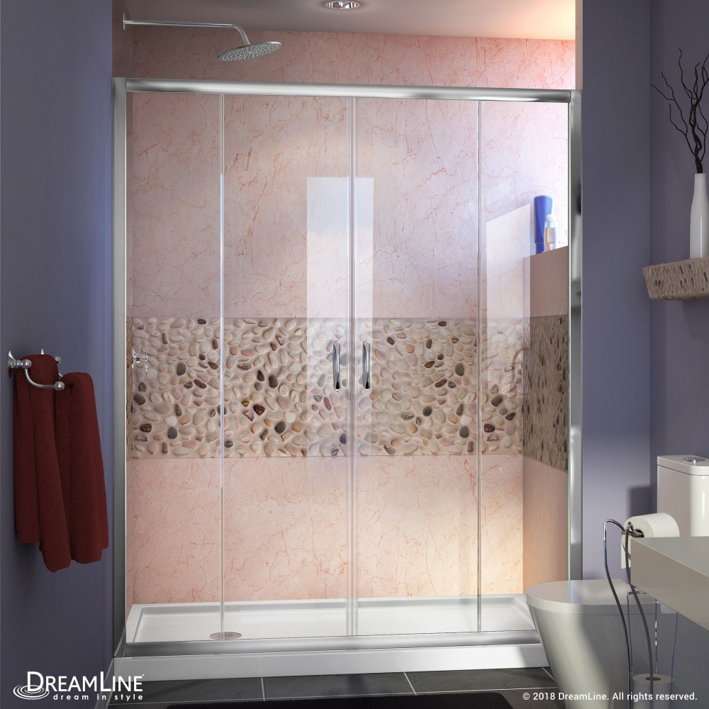 Visions 34 in. D x 60 in. W x 74 3/4 in. H Sliding Shower Door in Chrome with Left Drain White Shower Base