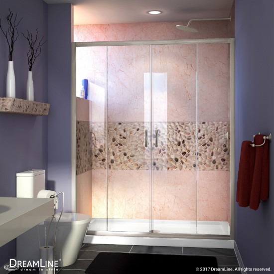 Visions 32 in. D x 60 in. W x 74 3/4 in. H Sliding Shower Door in Brushed Nickel with Center Drain White Shower Base