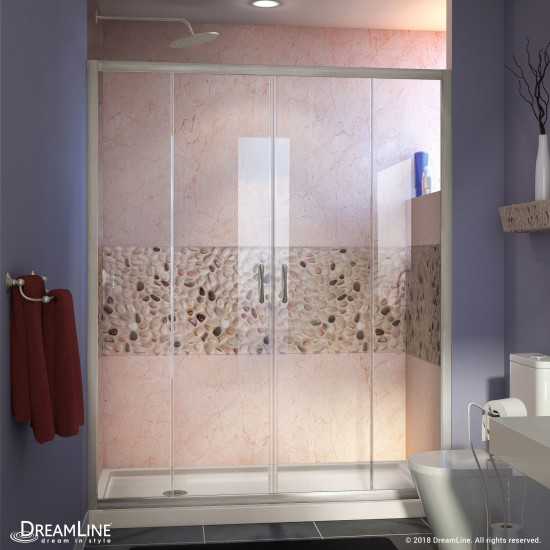 Visions 30 in. D x 60 in. W x 74 3/4 in. H Sliding Shower Door in Brushed Nickel with Left Drain Biscuit Shower Base