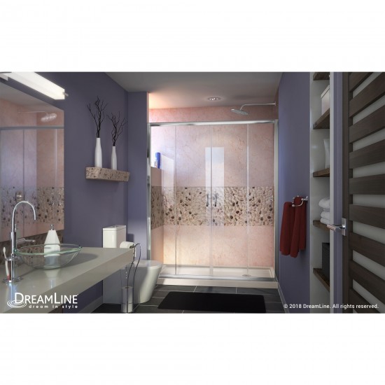 Visions 30 in. D x 60 in. W x 74 3/4 in. H Sliding Shower Door in Chrome with Right Drain Biscuit Shower Base