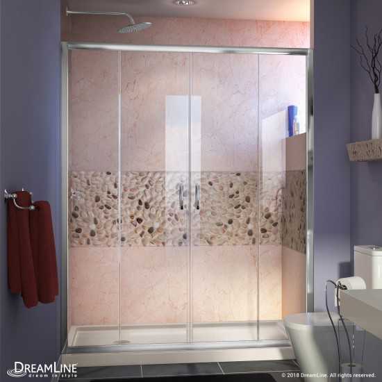 Visions 32 in. D x 60 in. W x 74 3/4 in. H Sliding Shower Door in Chrome with Left Drain Biscuit Shower Base