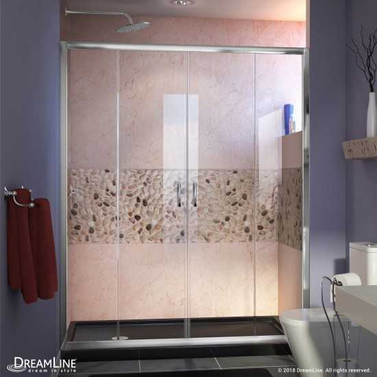 Visions 32 in. D x 60 in. W x 74 3/4 in. H Sliding Shower Door in Chrome with Left Drain Black Shower Base