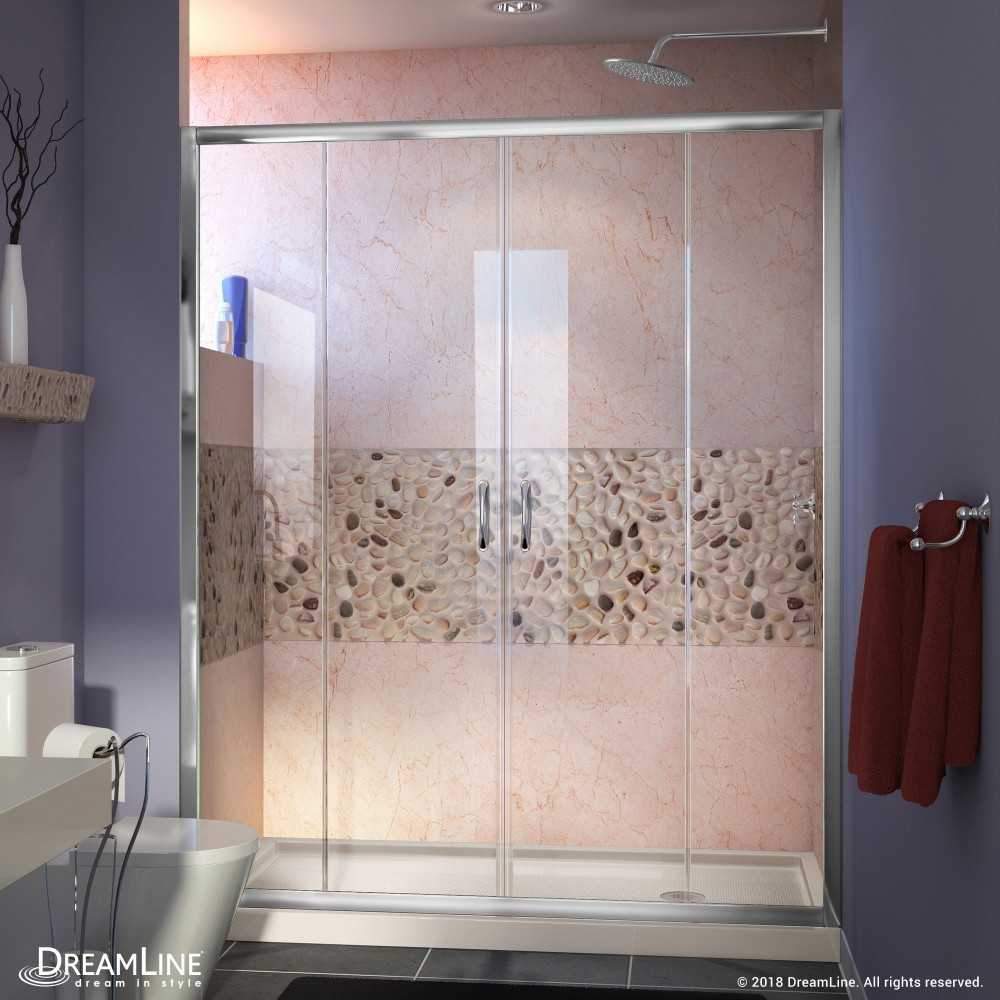 Visions 32 in. D x 60 in. W x 74 3/4 in. H Sliding Shower Door in Chrome with Right Drain Biscuit Shower Base