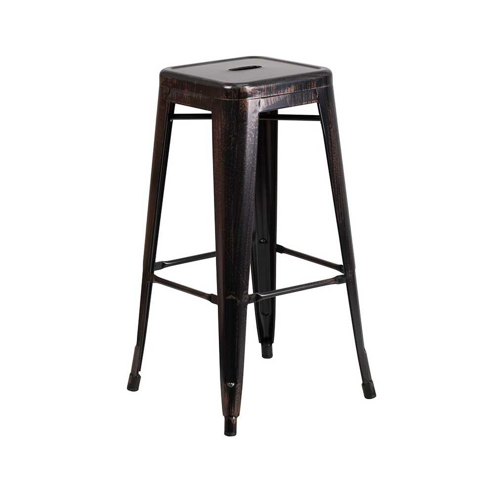 Commercial Grade 30" High Backless Black-Antique Gold Metal Indoor-Outdoor Barstool with Square Seat