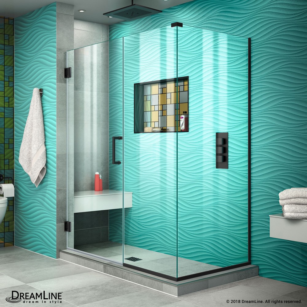 Unidoor Plus 46 in. W x 34 3/8 in. D x 72 in. H Frameless Hinged Shower Enclosure in Satin Black