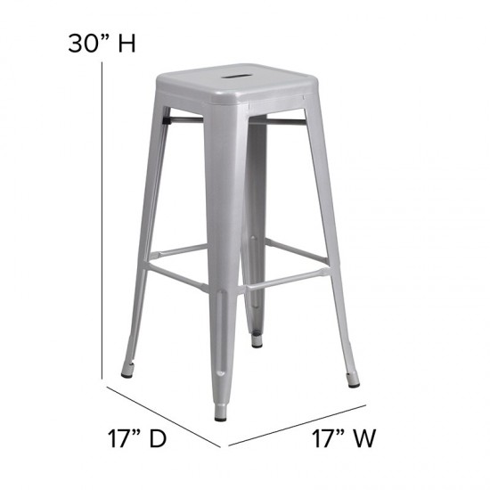 Commercial Grade 30" High Backless Silver Metal Indoor-Outdoor Barstool with Square Seat