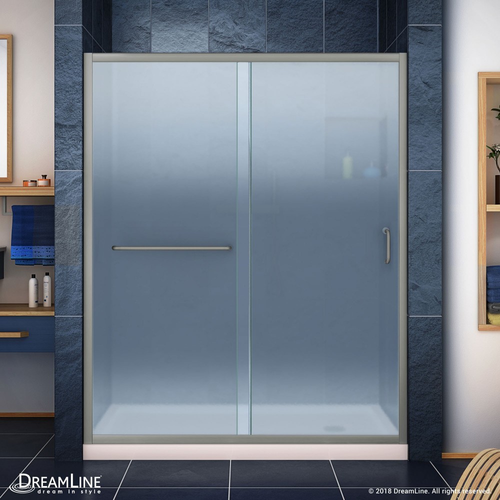 Infinity-Z 30 in. D x 60 in. W x 74 3/4 in. H Frosted Sliding Shower Door in Brushed Nickel and Right Drain Biscuit Base