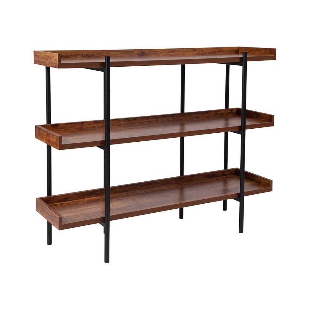 Mayfair 3 Shelf 35"H Storage Display Unit Bookcase with Black Metal Frame in Rustic Wood Grain Finish