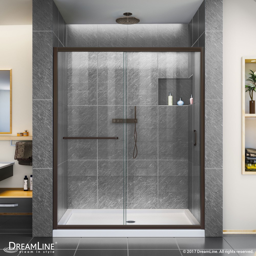 Infinity-Z 32 in. D x 60 in. W x 74 3/4 in. H Clear Sliding Shower Door in Oil Rubbed Bronze and Center Drain White Base