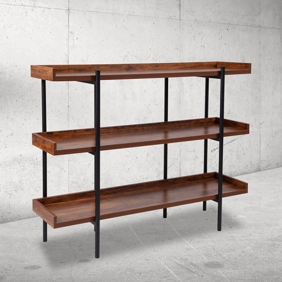 Mayfair 3 Shelf 35"H Storage Display Unit Bookcase with Black Metal Frame in Rustic Wood Grain Finish