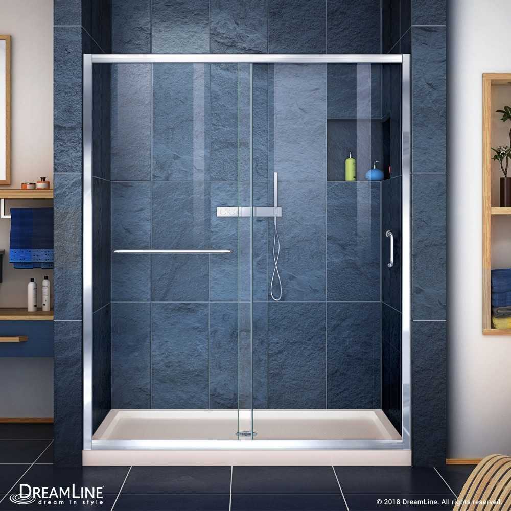 Infinity-Z 32 in. D x 60 in. W x 74 3/4 in. H Clear Sliding Shower Door in Chrome and Center Drain Biscuit Base