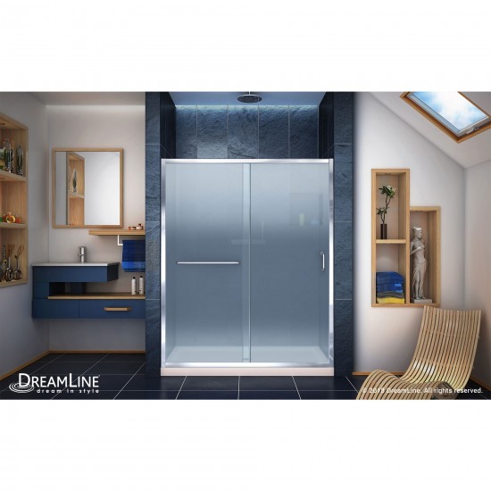 Infinity-Z 32 in. D x 60 in. W x 74 3/4 in. H Frosted Sliding Shower Door in Chrome and Center Drain Biscuit Base