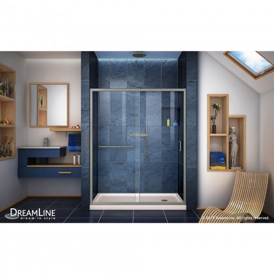 Infinity-Z 32 in. D x 60 in. W x 74 3/4 in. H Clear Sliding Shower Door in Brushed Nickel and Center Drain Biscuit Base