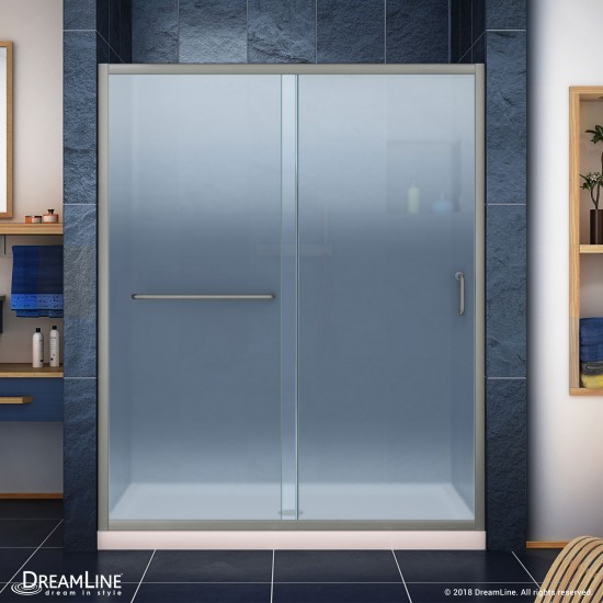Infinity-Z 32 in. D x 60 in. W x 74 3/4 in. H Frosted Sliding Shower Door in Brushed Nickel, Center Drain Biscuit Base
