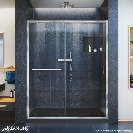 Infinity-Z 32 in. D x 60 in. W x 74 3/4 in. H Clear Sliding Shower Door in Chrome and Center Drain Black Base