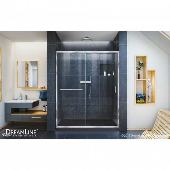 Infinity-Z 32 in. D x 60 in. W x 74 3/4 in. H Clear Sliding Shower Door in Chrome and Center Drain Black Base