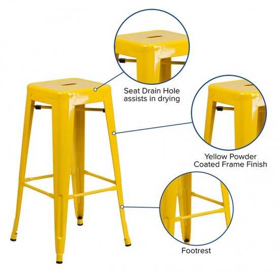 Commercial Grade 30" High Backless Yellow Metal Indoor-Outdoor Barstool with Square Seat