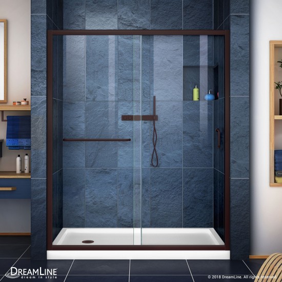 Infinity-Z 32 in. D x 60 in. W x 74 3/4 in. H Clear Sliding Shower Door in Oil Rubbed Bronze and Left Drain White Base