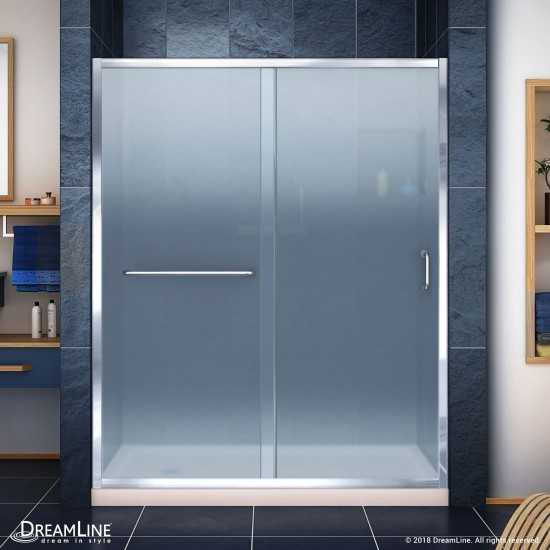 Infinity-Z 32 in. D x 60 in. W x 74 3/4 in. H Frosted Sliding Shower Door in Chrome and Left Drain Biscuit Base