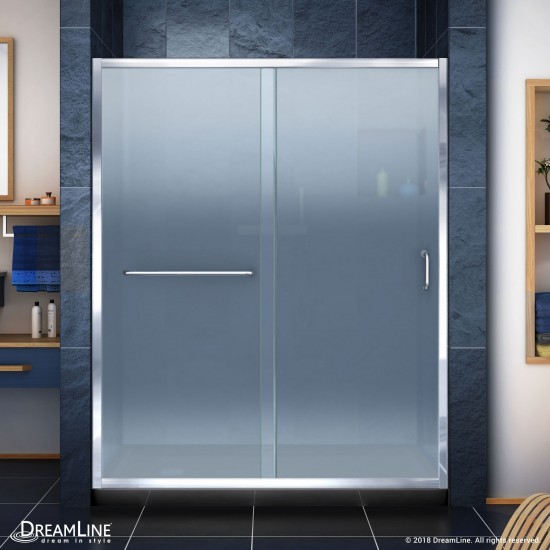 Infinity-Z 32 in. D x 60 in. W x 74 3/4 in. H Frosted Sliding Shower Door in Chrome and Left Drain Black Base