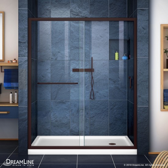 Infinity-Z 32 in. D x 60 in. W x 74 3/4 in. H Clear Sliding Shower Door in Oil Rubbed Bronze and Right Drain White Base