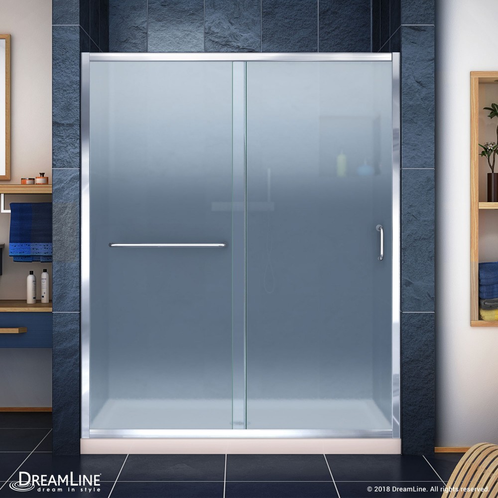 Infinity-Z 34 in. D x 60 in. W x 74 3/4 in. H Frosted Sliding Shower Door in Chrome and Center Drain Biscuit Base