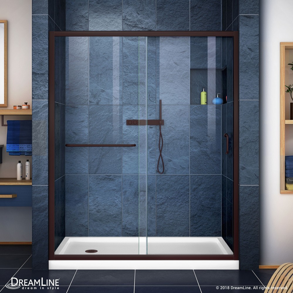 Infinity-Z 34 in. D x 60 in. W x 74 3/4 in. H Clear Sliding Shower Door in Oil Rubbed Bronze and Left Drain White Base