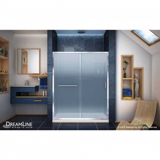 Infinity-Z 34 in. D x 60 in. W x 74 3/4 in. H Frosted Sliding Shower Door in Chrome and Right Drain Biscuit Base