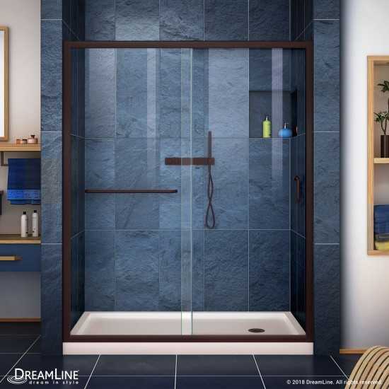 Infinity-Z 34 in. D x 60 in. W x 74 3/4 in. H Clear Sliding Shower Door in Oil Rubbed Bronze, Right Drain Biscuit Base