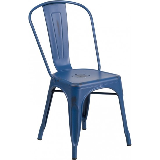 Commercial Grade Distressed Antique Blue Metal Indoor-Outdoor Stackable Chair