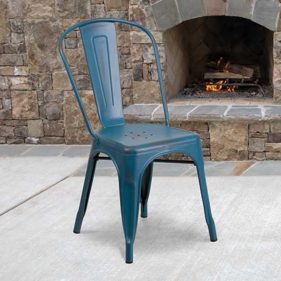 Commercial Grade Distressed Antique Blue Metal Indoor-Outdoor Stackable Chair