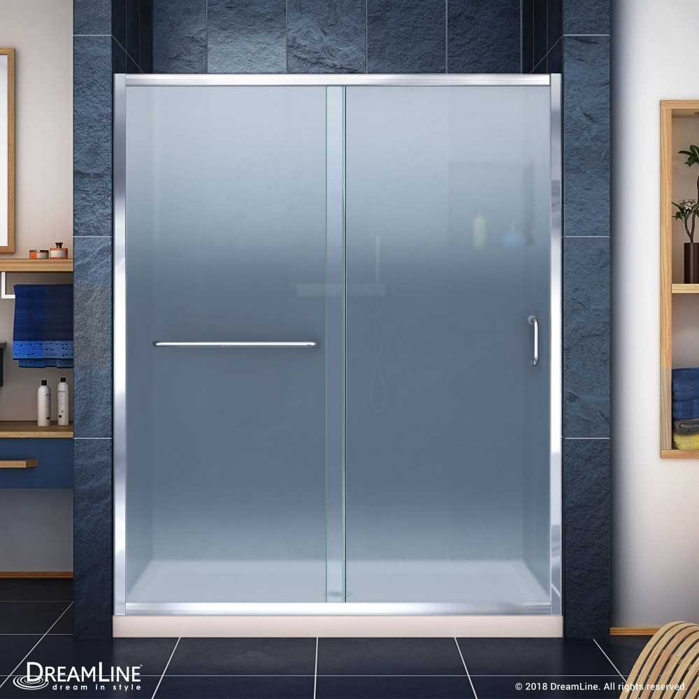 Infinity-Z 36 in. D x 60 in. W x 74 3/4 in. H Frosted Sliding Shower Door in Chrome and Center Drain Biscuit Base