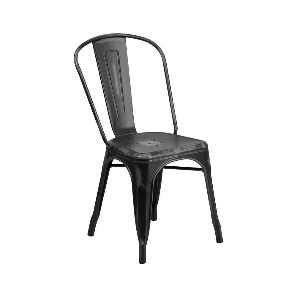 Commercial Grade Distressed Black Metal Indoor-Outdoor Stackable Chair