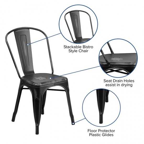 Commercial Grade Distressed Black Metal Indoor-Outdoor Stackable Chair