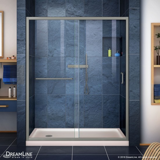 Infinity-Z 36 in. D x 60 in. W x 74 3/4 in. H Clear Sliding Shower Door in Brushed Nickel and Left Drain Biscuit Base