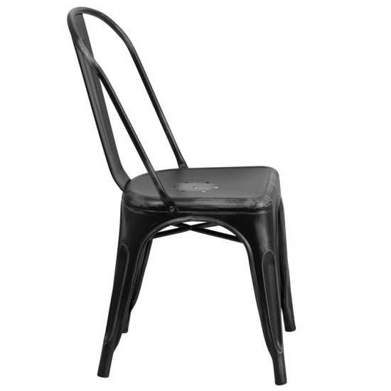 Commercial Grade Distressed Black Metal Indoor-Outdoor Stackable Chair