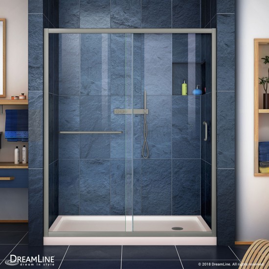 Infinity-Z 36 in. D x 60 in. W x 74 3/4 in. H Clear Sliding Shower Door in Brushed Nickel and Right Drain Biscuit Base