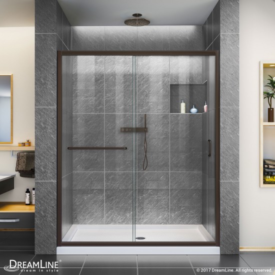 Infinity-Z 32 in. D x 54 in. W x 74 3/4 in. H Clear Sliding Shower Door in Oil Rubbed Bronze and Center Drain White Base