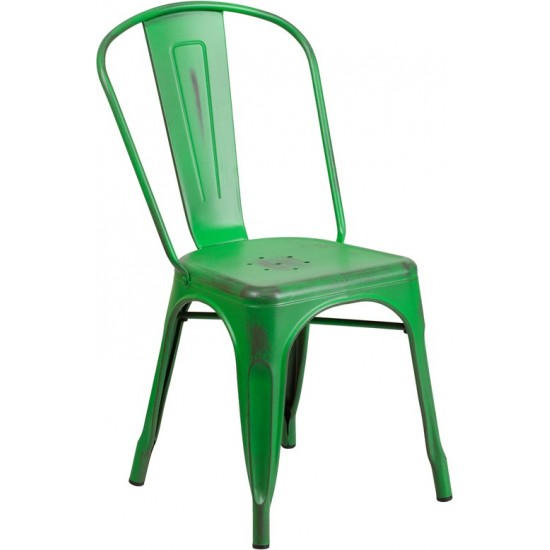 Commercial Grade Distressed Green Metal Indoor-Outdoor Stackable Chair