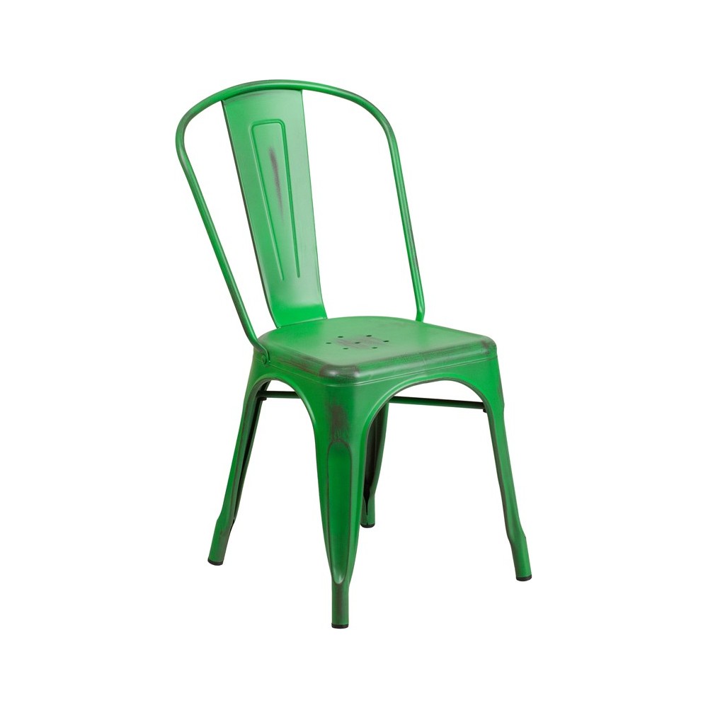 Commercial Grade Distressed Green Metal Indoor-Outdoor Stackable Chair