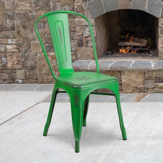 Commercial Grade Distressed Green Metal Indoor-Outdoor Stackable Chair