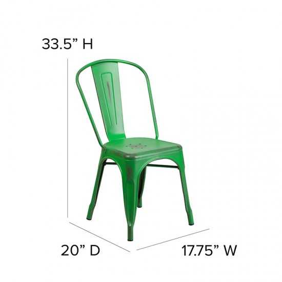 Commercial Grade Distressed Green Metal Indoor-Outdoor Stackable Chair