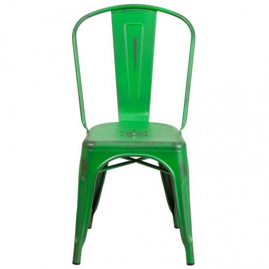 Commercial Grade Distressed Green Metal Indoor-Outdoor Stackable Chair