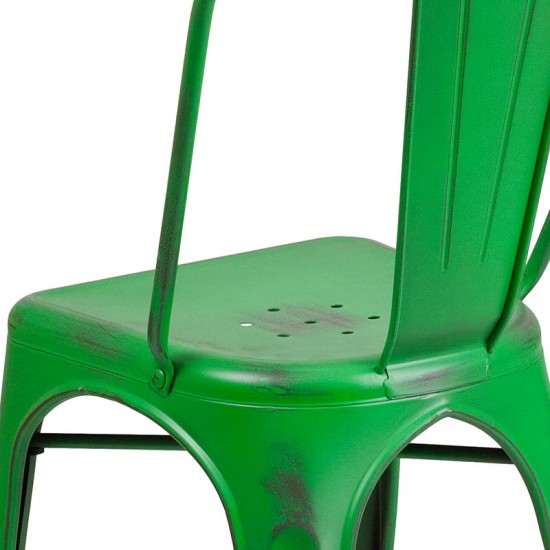 Commercial Grade Distressed Green Metal Indoor-Outdoor Stackable Chair