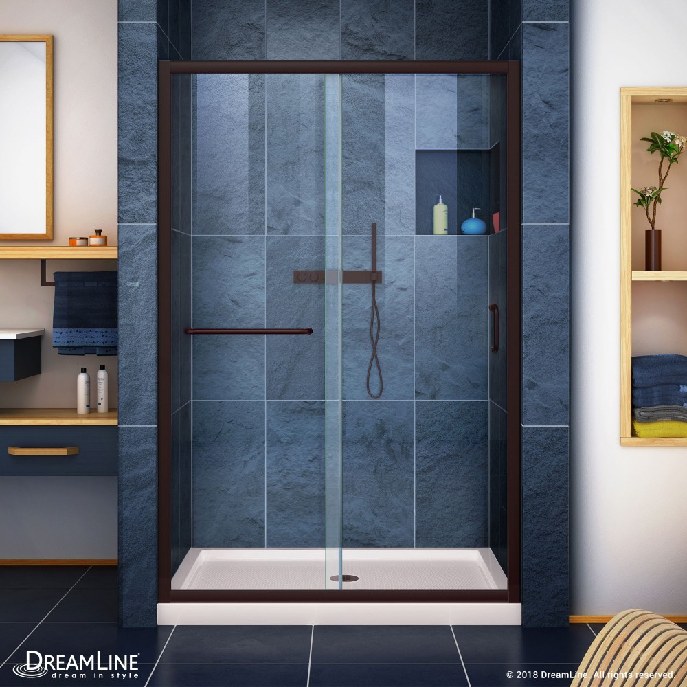 Infinity-Z 36 in. D x 48 in. W x 74 3/4 in. H Clear Sliding Shower Door in Oil Rubbed Bronze, Center Drain Biscuit Base
