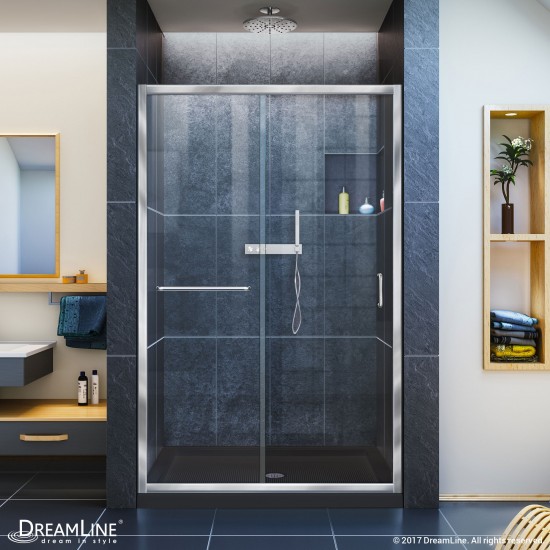 Infinity-Z 36 in. D x 48 in. W x 74 3/4 in. H Clear Sliding Shower Door in Chrome and Center Drain Black Base