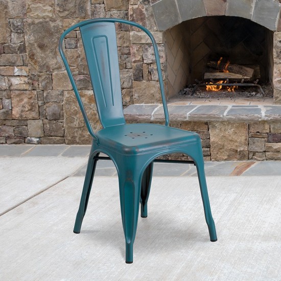 Commercial Grade Distressed Kelly Blue-Teal Metal Indoor-Outdoor Stackable Chair