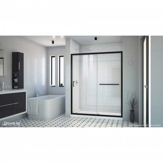 Infinity-Z 30 in. D x 60 in. W x 74 3/4 in. H Clear Sliding Shower Door in Satin Black, Center Drain White Base