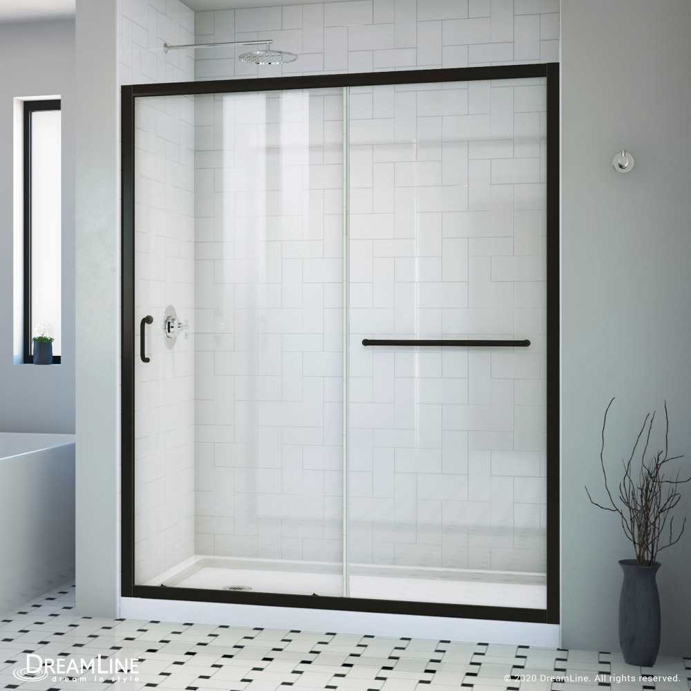 Infinity-Z 30 in. D x 60 in. W x 74 3/4 in. H Clear Sliding Shower Door in Satin Black, Left Drain White Base